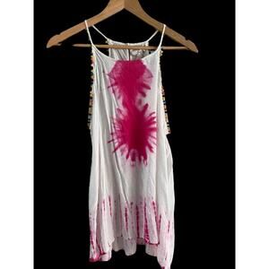 Entro Gauzy White Pink Tie Dye‎ Colorful PomPom   Spaghetti Strap Tank Sz L